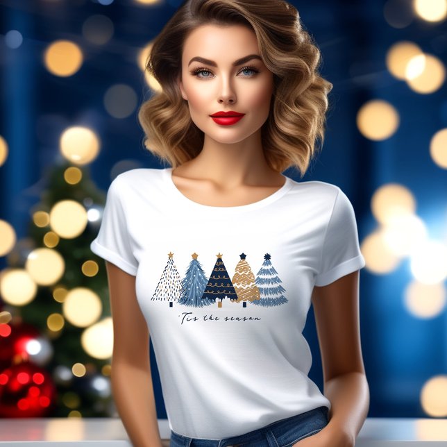 T-shirt Marine Arbres Bleus Moderne Simple Noël (Navy Blue Trees Modern Simple Christmas Holiday T-Shirt)