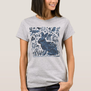 T-shirt Marine Blue Rabbit & Bird Floral Leaf Scroll Desig