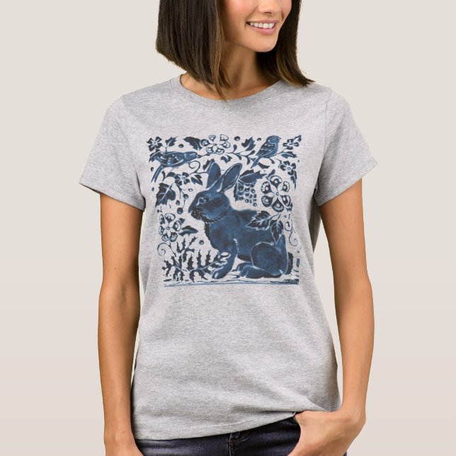 T-shirt Marine Blue Rabbit & Bird Floral Leaf Scroll Desig (Devant)