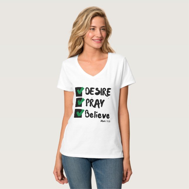 T-shirt Mark 11:24 KJV Bible Scripture Femmes V-Neck (Devant entier)