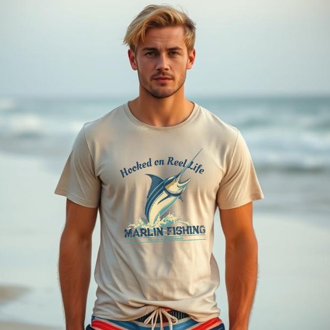 T-shirt Marlin Fish Hooked on Reel Life (Marlin Fishing Hooked on Reel Life Summer Beach T shirt For Men Fathers Day Fisherman Trend Fishing)