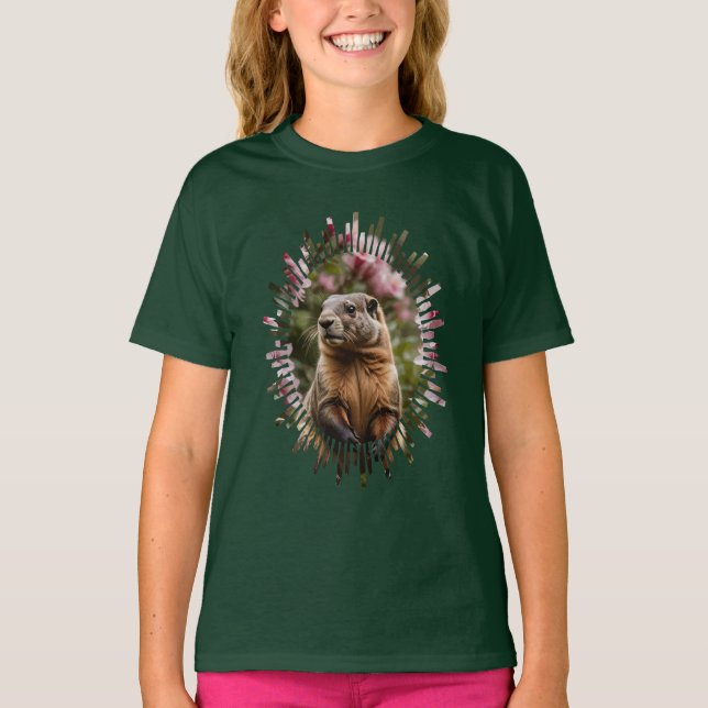T-shirt Marmotte mignonne avec Arrière - plan Rhododendron (Devant)