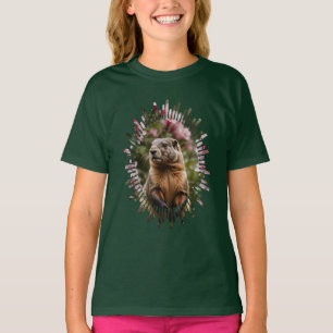 T-shirt Marmotte Mignonne sur Fond de Rhododendron Rose