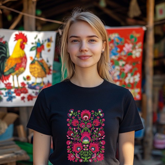 T-shirt Maroon symétrique Folk Wycinanki (Polish folklore t shirt with custom text)