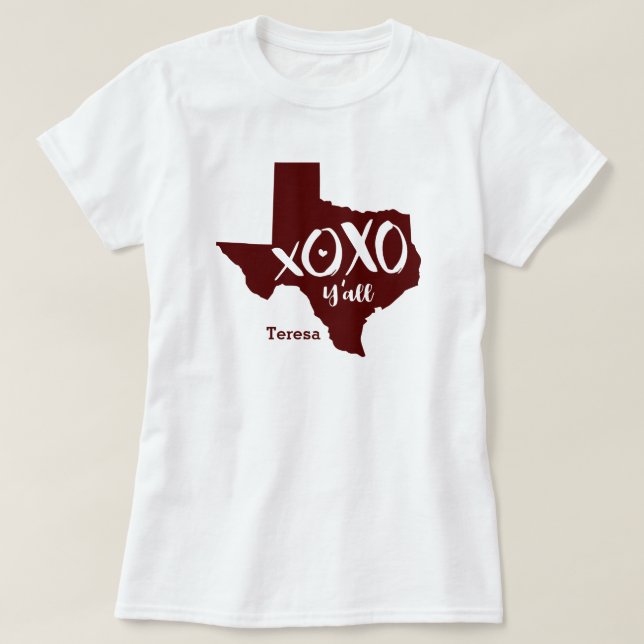 T-shirt Maroon XOXO, Y'all - Forme d'état du Texas (Design devant)