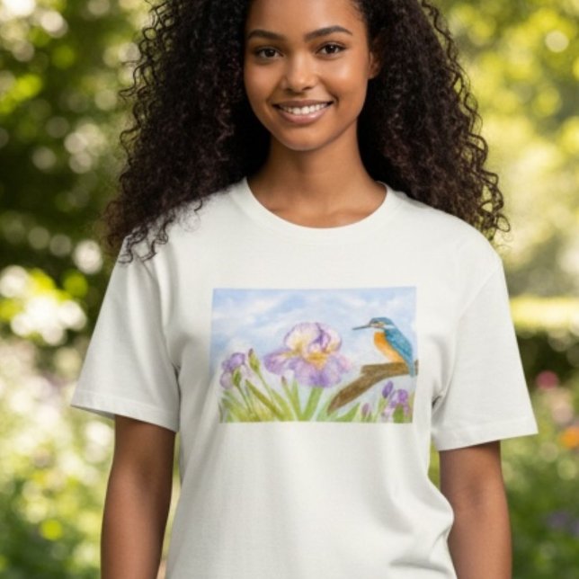 T-shirt Martin-pêcheur à l'aquarelle avec iris violets (Créateur téléchargé)