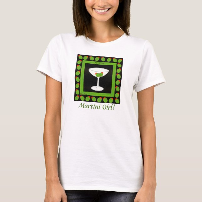 T-shirt Martini Girl Retro Boisson Art Vert Olives Noir (Devant)