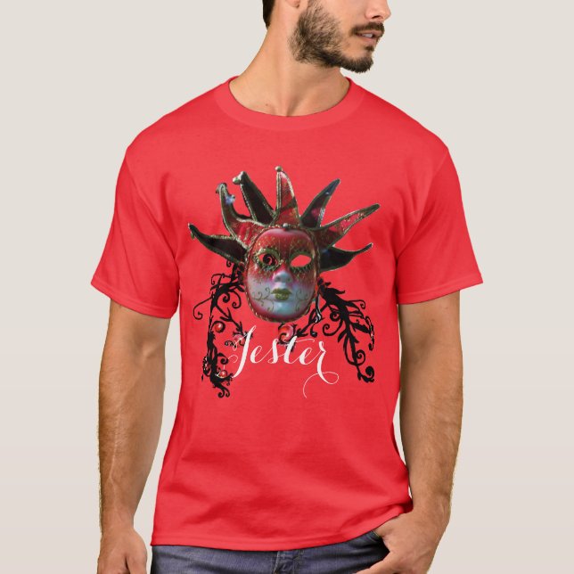 T-shirt MASQUE DE JESTER ROUGE NOIR, Mascarade DES ESPACES (Devant)