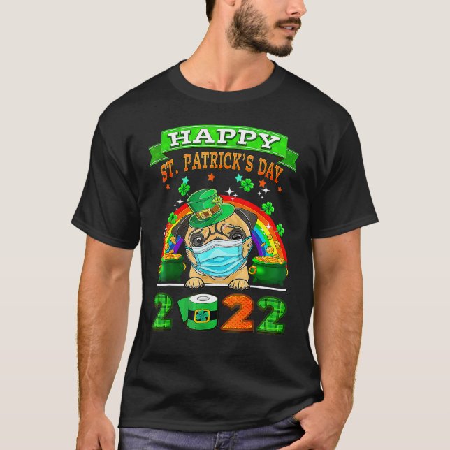 T-shirt Masque de Pug mignon Chapeau de Leprechaun Trèfle  (Devant)