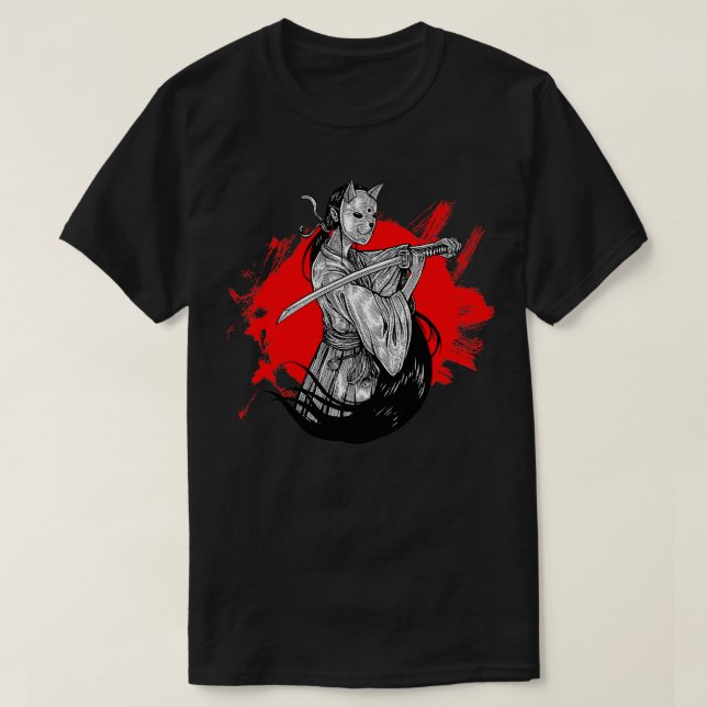 T-shirt Masque Fox samurai fille illustration sur fond rou (Design devant)