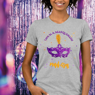 T-shirt Masque Paillettes Violettes et Orange Mardi Gras 