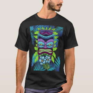T-shirt Masque Tiki polynésien Fleurs tropicales Hawaii Lu