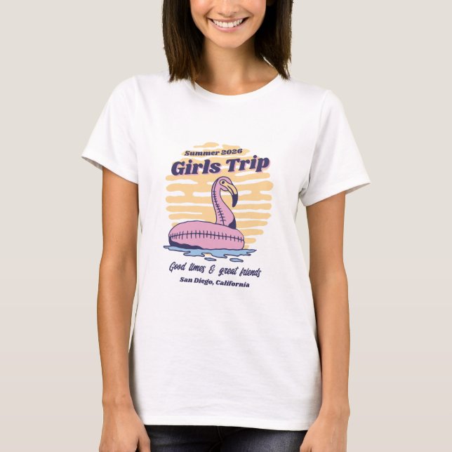 T-shirt Matching Girls Beach Trip Retro Flamant rose rose (Devant)
