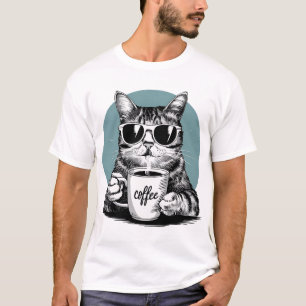 T-shirt Matins de chat cool - Café, lunettes de soleil & a