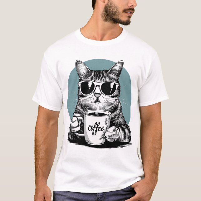 T-shirt Matins de chat cool - Café, lunettes de soleil & a (Devant)