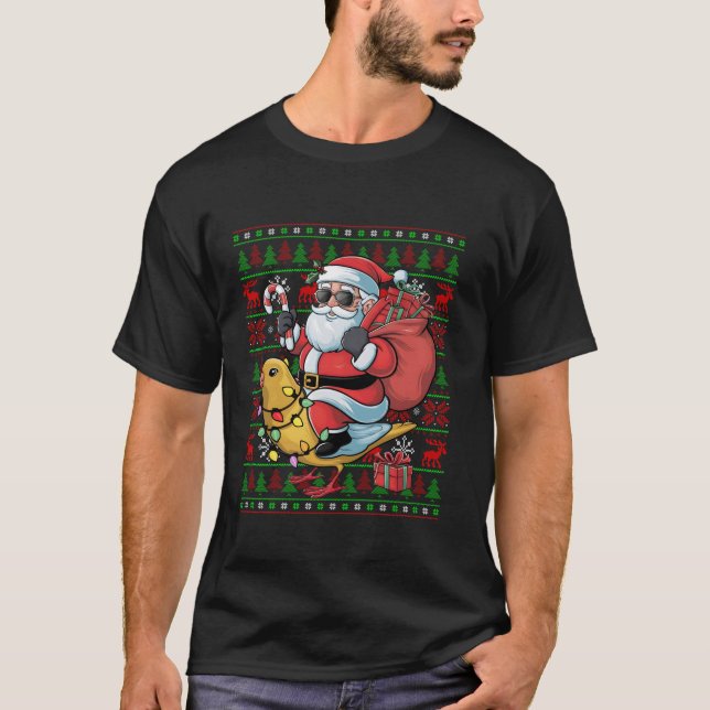 T-shirt Mauvais Noël Lumières Drôle Père Noël équitation C (Devant)