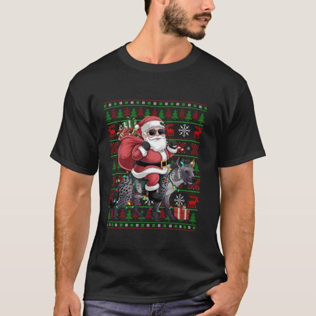 T-shirt Mauvais Noël Lumières Drôle Père Noël équitation H (Devant)