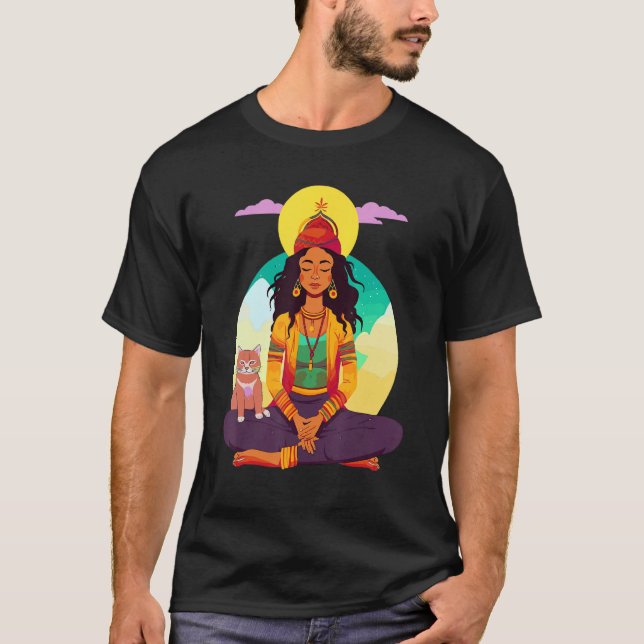 T-shirt Meditating Rasta Girl with Cat (Devant)