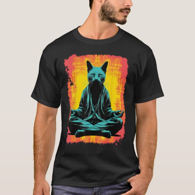 T-shirt Méditation Yoga Drôle Chat Noir (Devant)