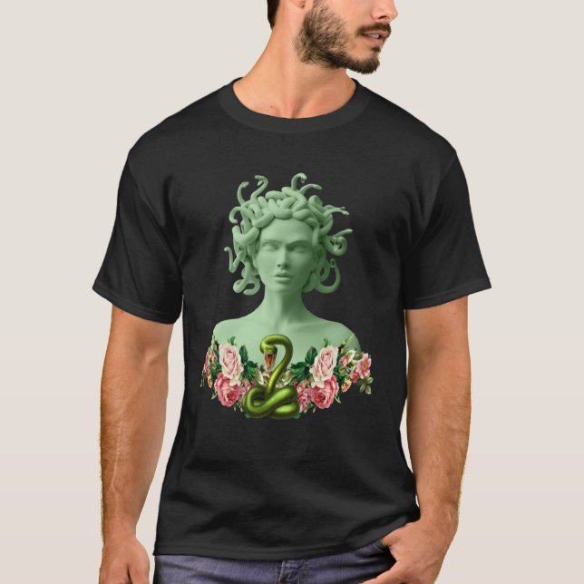 T-shirt Medusa verte Gorgon Mythologie grecque Pink Floral (Devant)