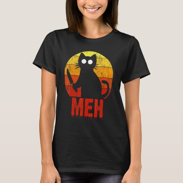 T-shirt Meh Halloween Chat effrayant Couteau d'horreur Blo (Devant)