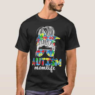 T-shirt Meilleur Autisme Maman Messy Bun Puzzle Lunettes d
