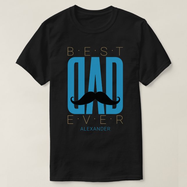 T-shirt Meilleur Papa Jamais Moustache Bleu Noir Or Nom Pe (Design devant)