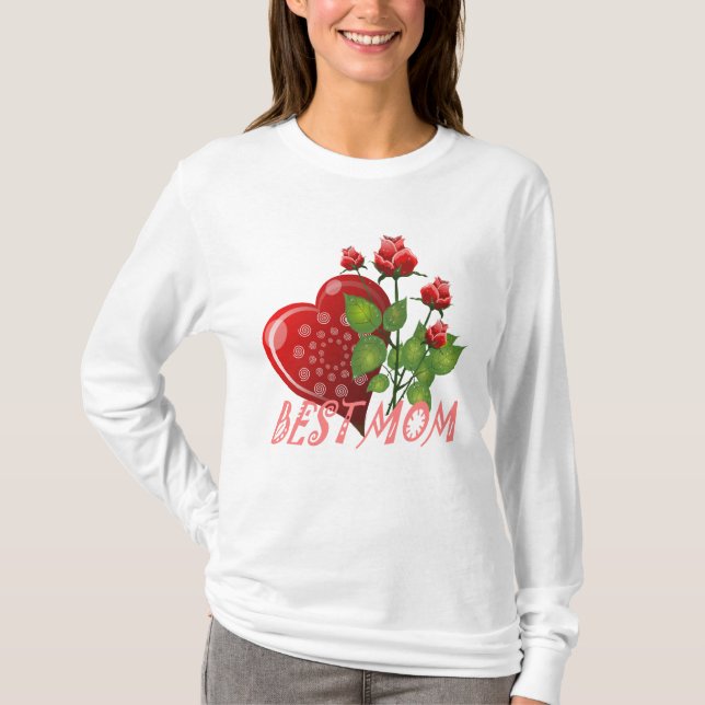 T-shirt Meilleure maman, coeur rouge et Feuilles verts (Devant)