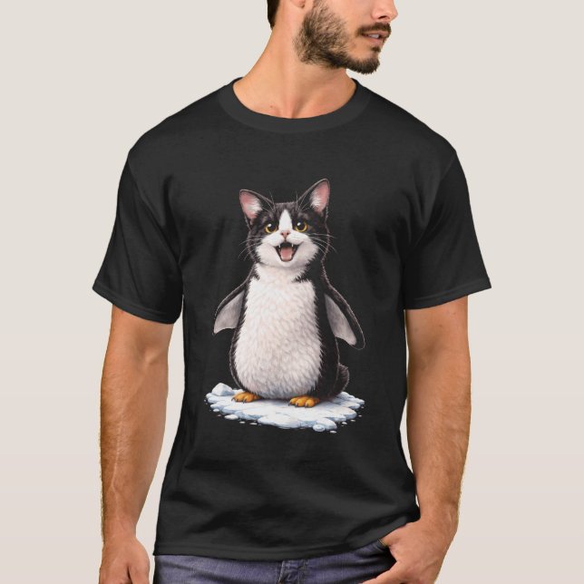 T-shirt Mélange de manchot et de chat mignon Mème d'animal (Devant)