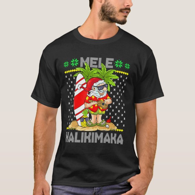 T-shirt Mele Kalikimaka Santa Claus Surfer Guitare Hawaïen (Devant)