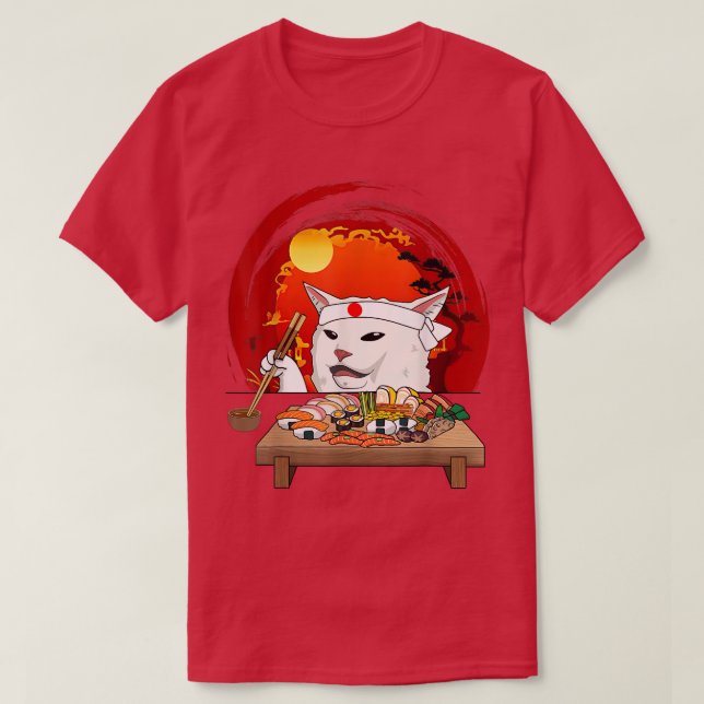 T-shirt Mème de chat blanc amusant Manger Sushi Kawaii Sus (Design devant)