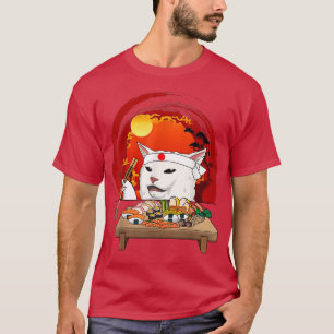 T-shirt Mème de chat blanc amusant Manger Sushi Kawaii Sus