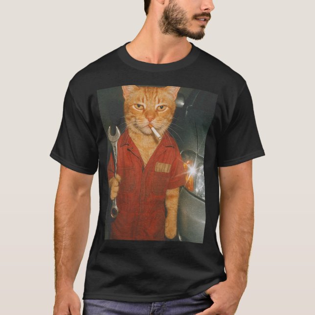 T-shirt Mème de Chat Fumeur Mécanicien (Devant)