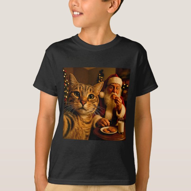 T-shirt Mème de Noël de chat drôle de selfie avec le Père  (Devant)