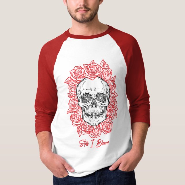 T-shirt Memento Mori ! Crâne et Roses, main tirée (Devant)