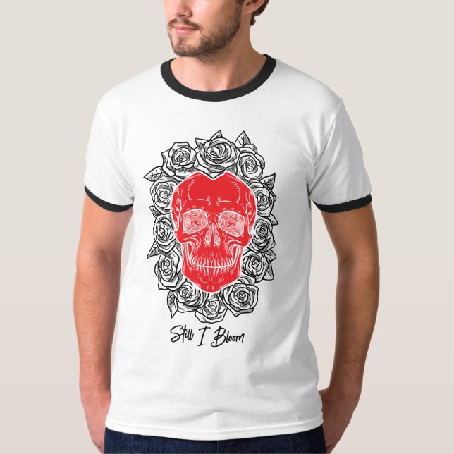 T-shirt Memento Mori ! Crâne et Roses, main tirée (Devant)