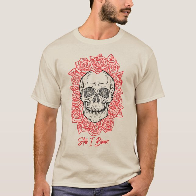T-shirt Memento Mori ! Crâne et Roses, main tirée (Devant)