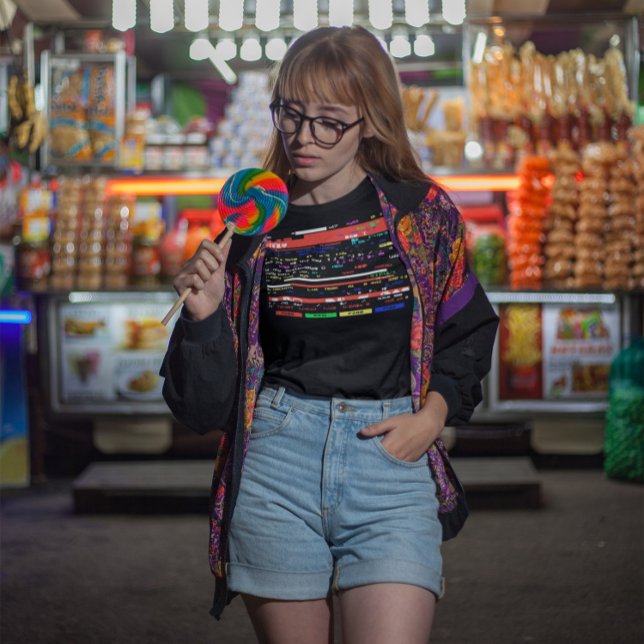 T-shirt Memorabilia 80s 90s Teletext Glitch Art Nostalgie (girl with a candy wearing a 1980s vintage teletext ceefax glitch tshirt  in the night)