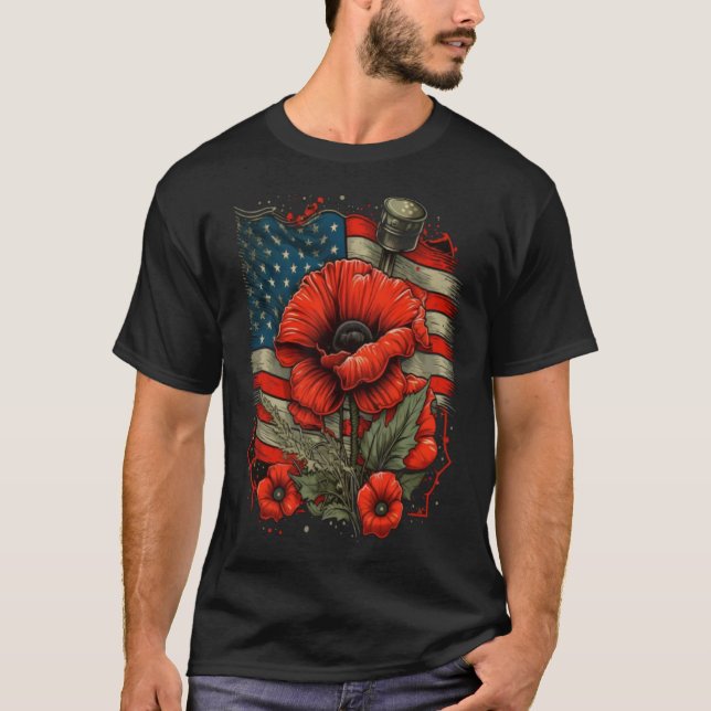 T-shirt Memorial Day Red Poppy Flower American Flag USA 4t (Devant)