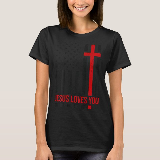 T-shirt Mens American Flag Jesus Loves You Christian Faith (Devant)