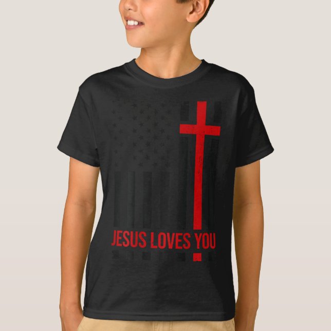 T-shirt Mens American Flag Jesus Loves You Christian Faith (Devant)
