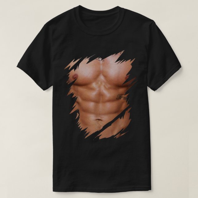 T-shirt Mens Faux Muscles Écrits Torn Poitrine Six Pack Ab (Design devant)