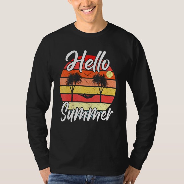 T-shirt Mens Hello Summer - Palm Trees Hammock Retro Sunse (Devant)