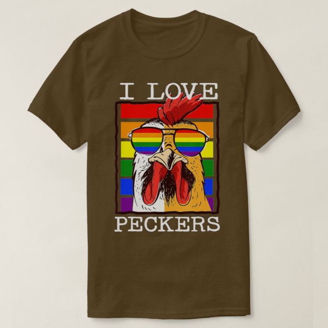 T-shirt Mens I Love Peckers Rooster Gay LGBT Rainbow Chick (Design devant)