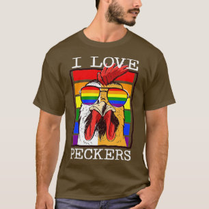 T-shirt Mens I Love Peckers Rooster Gay LGBT Rainbow Chick