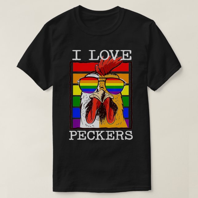 T-shirt Mens I Love Peckers Rooster Gay LGBT Rainbow Chick (Design devant)