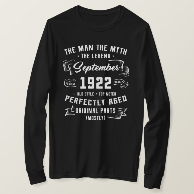 T-shirt Mens Man Myth Legend September 1922 100th (Design devant)