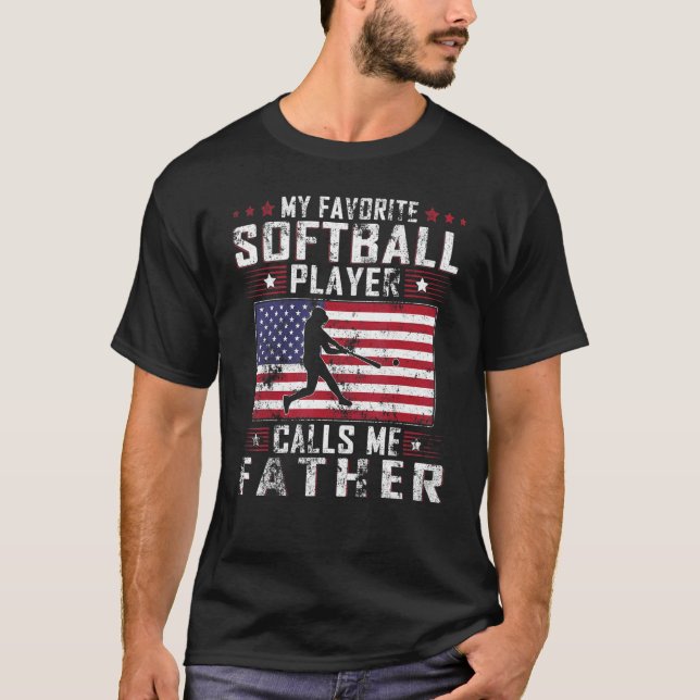 T-shirt Mens Mon Joueur favori de softball m'appelle père  (Devant)