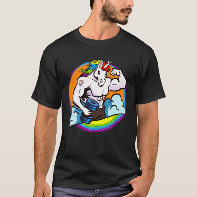 T-shirt Mens Muscular Buff Unicorn Arc-en-ciel, Poids (Devant)