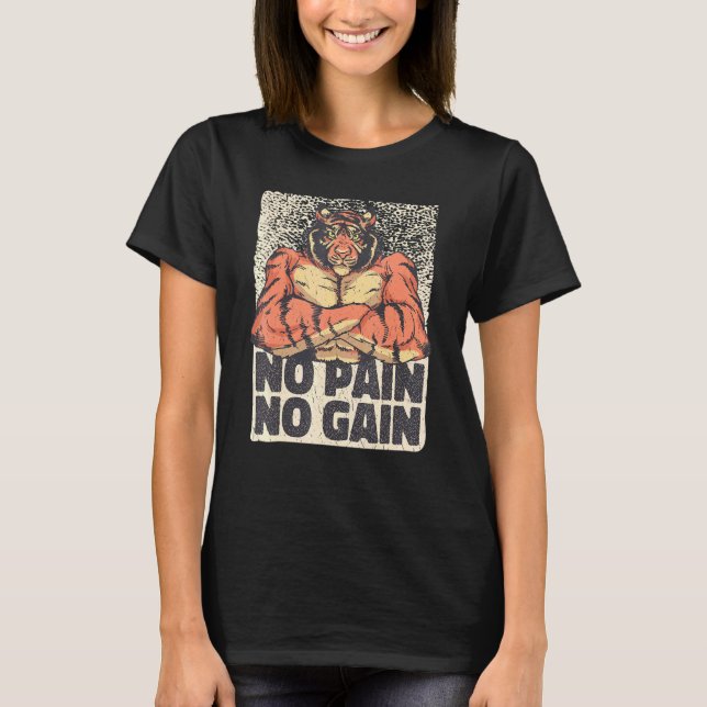 T-shirt Mens No Pain No Gain Tiger Avec Muscles Gym Exerci (Devant)